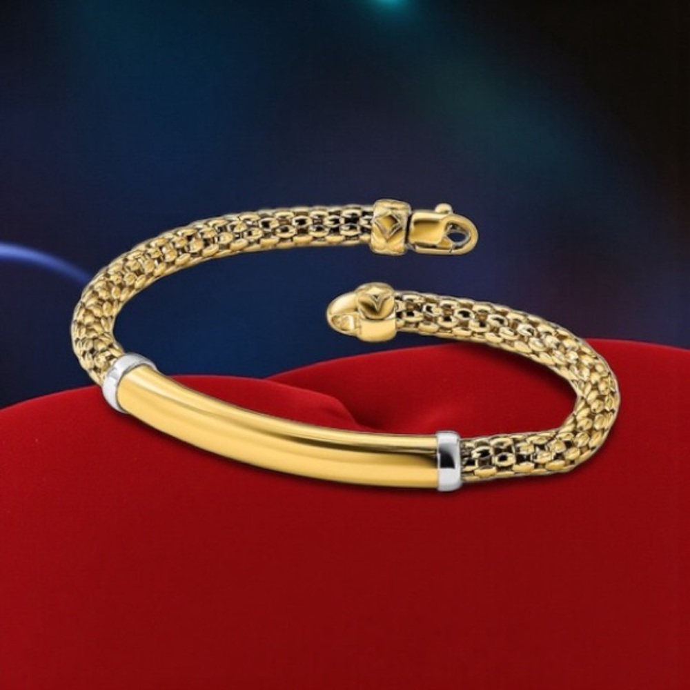 14K Two-tone Polished Popcorn Mesh Bar 7.5 inch Bracelet
